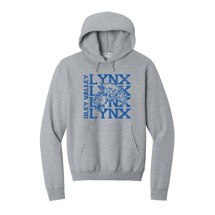 Oley Valley Lynx Stacked Mascot hoodie in Athletic Heather: LYNX stacked four times behind the lynx mascot, with OLEY VALLEY running up the side