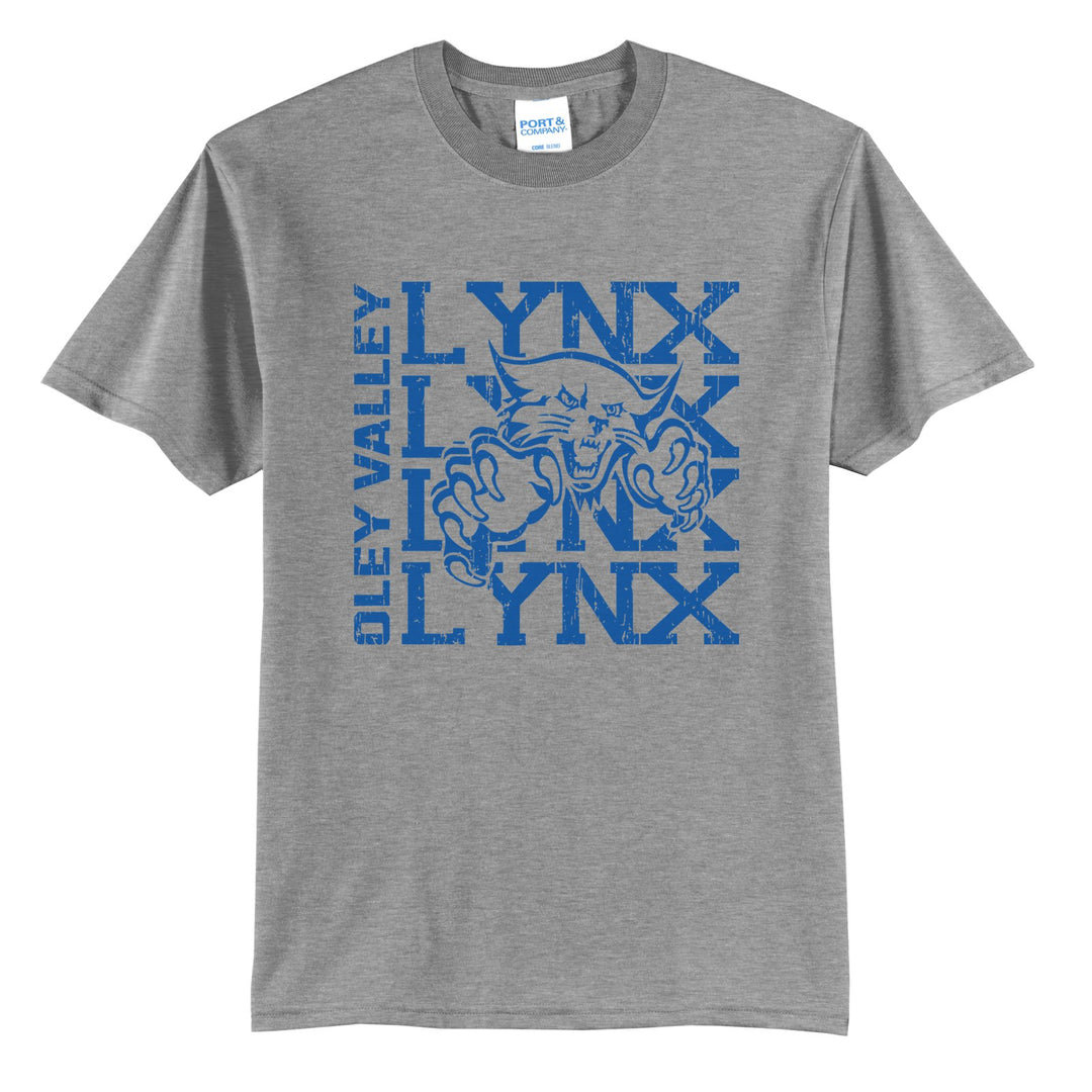 Oley Valley Lynx Stacked Mascot t-shirt in Athletic Heather: LYNX stacked four times behind the lynx mascot, with OLEY VALLEY running up the side