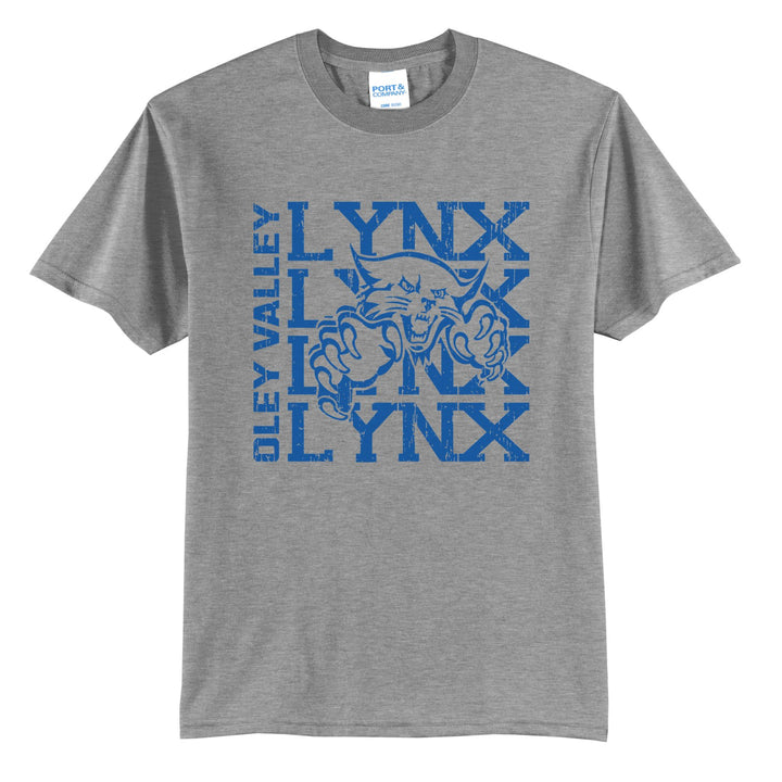 Oley Valley Lynx Stacked Mascot t-shirt in Athletic Heather: LYNX stacked four times behind the lynx mascot, with OLEY VALLEY running up the side