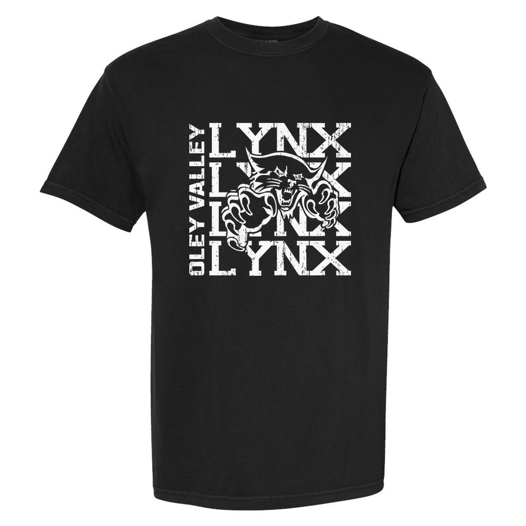 Oley Valley Lynx Stacked Mascot comfort colors t-shirt in Black: LYNX stacked four times behind the lynx mascot, with OLEY VALLEY running up the side