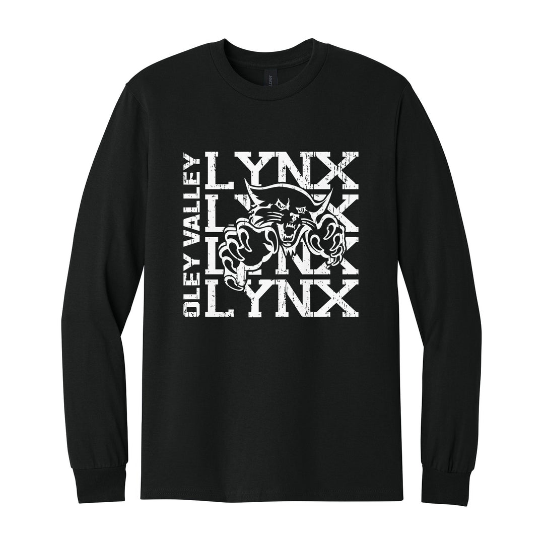 Oley Valley Lynx Stacked Mascot long sleeve t-shirt in Black: LYNX stacked four times behind the lynx mascot, with OLEY VALLEY running up the side