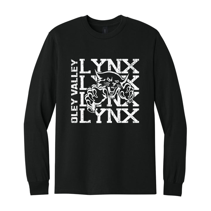 Oley Valley Lynx Stacked Mascot long sleeve t-shirt in Black: LYNX stacked four times behind the lynx mascot, with OLEY VALLEY running up the side