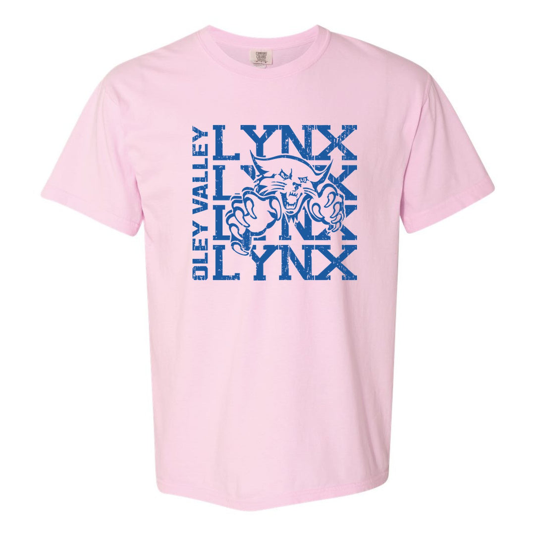 Oley Valley Lynx Stacked Mascot comfort colors t-shirt in Blossom: LYNX stacked four times behind the lynx mascot, with OLEY VALLEY running up the side