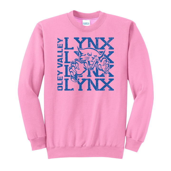 Oley Valley Lynx Stacked Mascot crewneck sweatshirt in Candy Pink: LYNX stacked four times behind the lynx mascot, with OLEY VALLEY running up the side