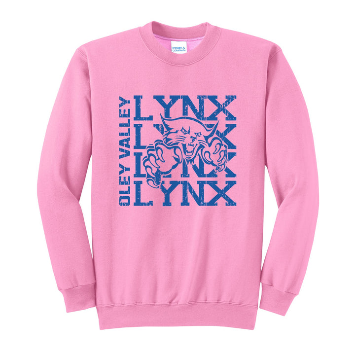 Oley Valley Lynx Stacked Mascot crewneck sweatshirt in Candy Pink: LYNX stacked four times behind the lynx mascot, with OLEY VALLEY running up the side