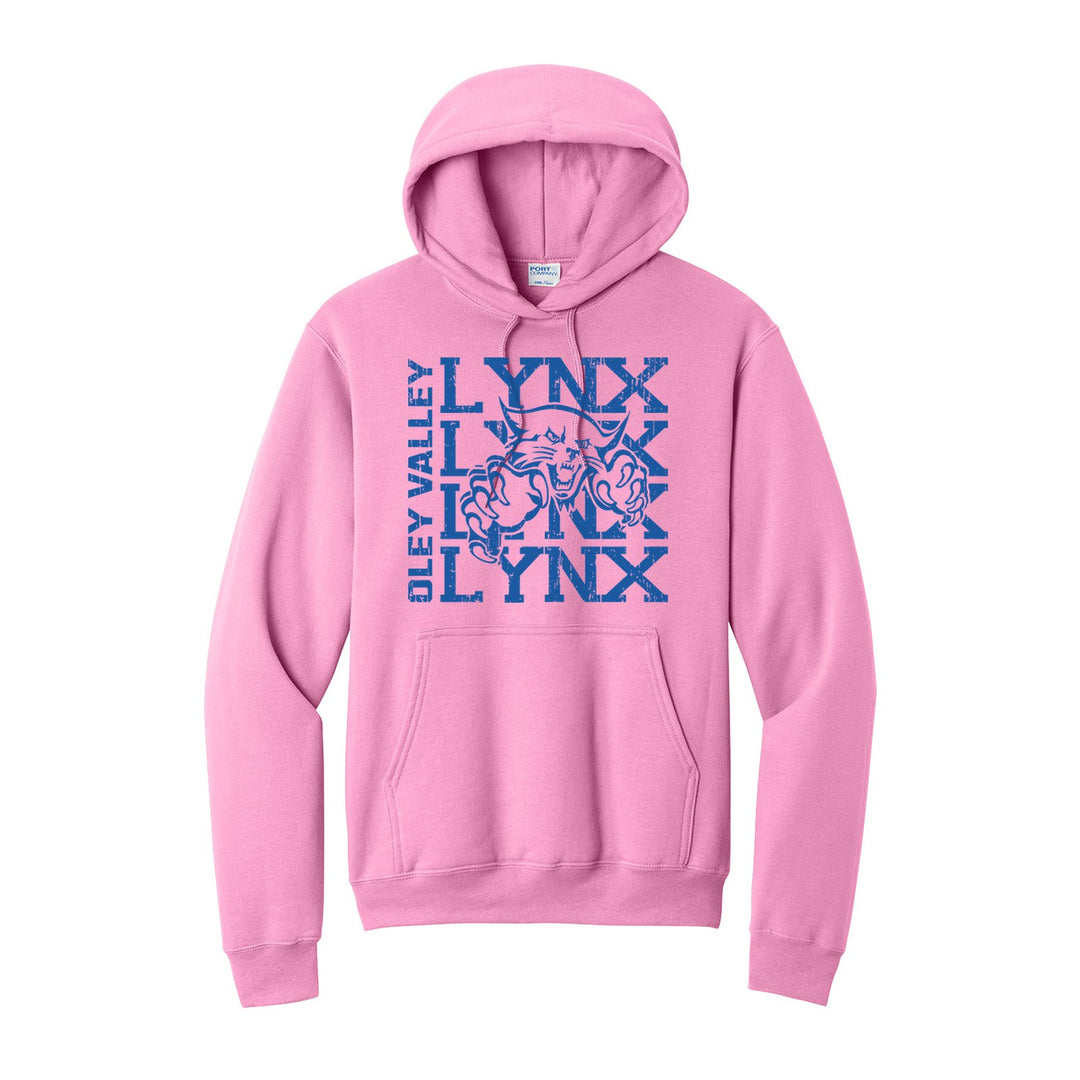 Oley Valley Lynx Stacked Mascot hoodie in Candy Pink: LYNX stacked four times behind the lynx mascot, with OLEY VALLEY running up the side