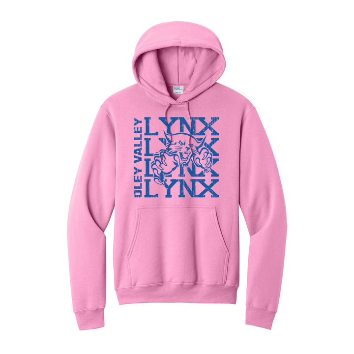 Oley Valley Lynx Stacked Mascot hoodie in Candy Pink: LYNX stacked four times behind the lynx mascot, with OLEY VALLEY running up the side