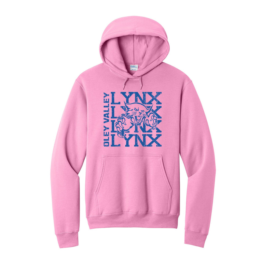 Oley Valley Lynx Stacked Mascot hoodie in Candy Pink: LYNX stacked four times behind the lynx mascot, with OLEY VALLEY running up the side