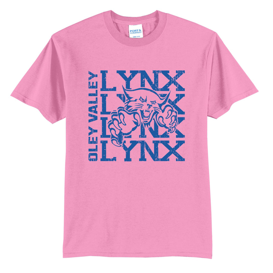 Oley Valley Lynx Stacked Mascot t-shirt in Candy Pink: LYNX stacked four times behind the lynx mascot, with OLEY VALLEY running up the side