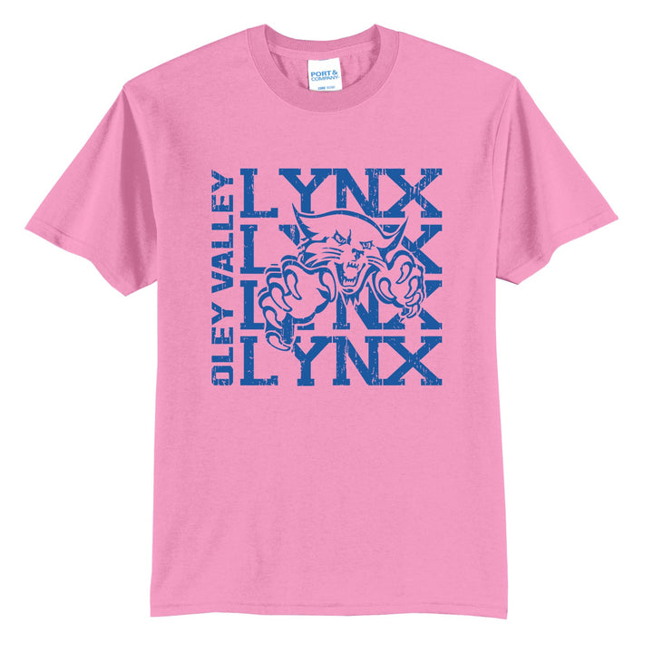 Oley Valley Lynx Stacked Mascot t-shirt in Candy Pink: LYNX stacked four times behind the lynx mascot, with OLEY VALLEY running up the side