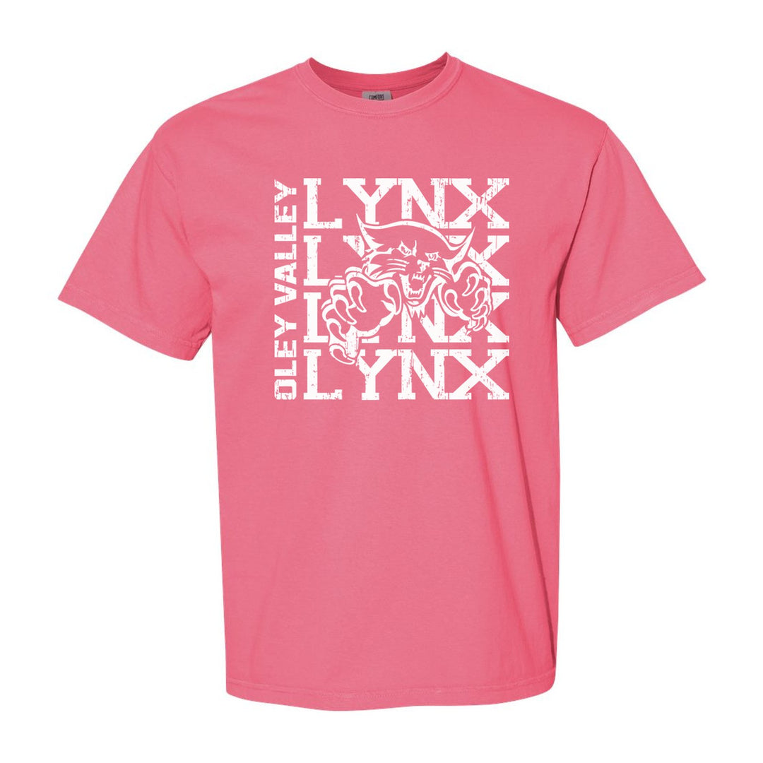 Oley Valley Lynx Stacked Mascot comfort colors t-shirt in Crunchberry: LYNX stacked four times behind the lynx mascot, with OLEY VALLEY running up the side