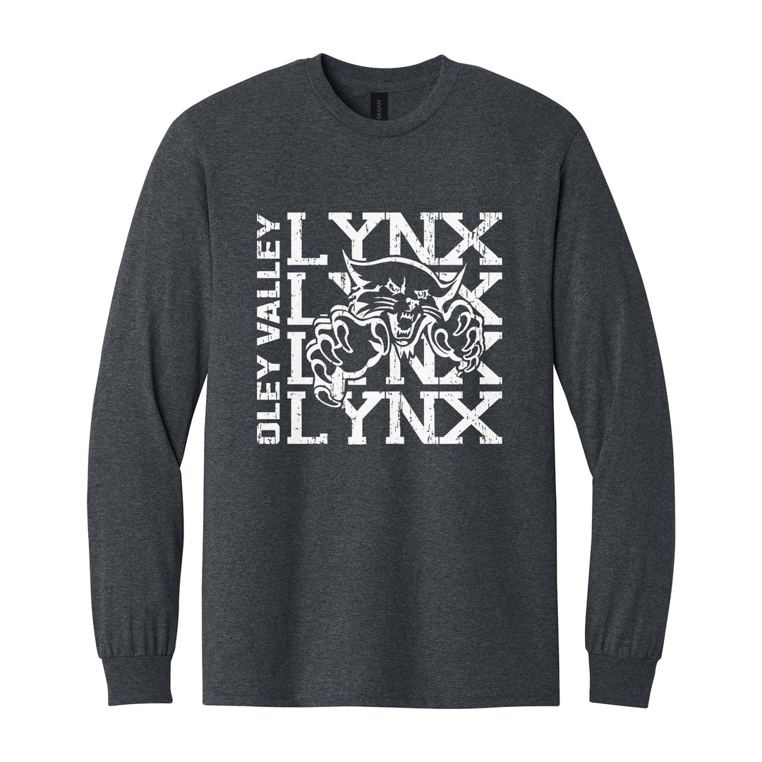 Oley Valley Lynx Stacked Mascot long sleeve t-shirt in Dark Heather: LYNX stacked four times behind the lynx mascot, with OLEY VALLEY running up the side