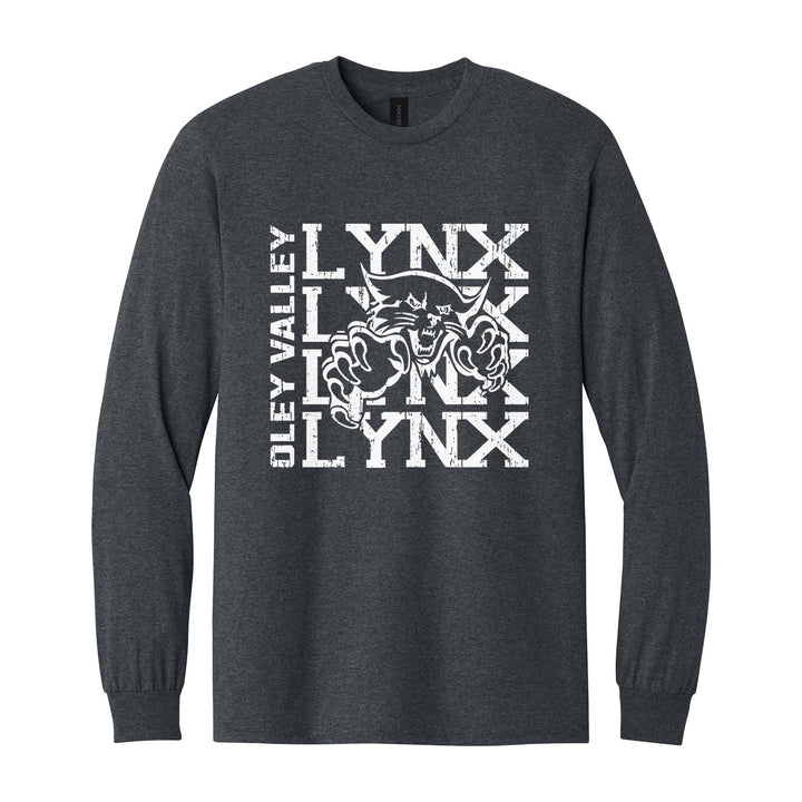 Oley Valley Lynx Stacked Mascot long sleeve t-shirt in Dark Heather: LYNX stacked four times behind the lynx mascot, with OLEY VALLEY running up the side