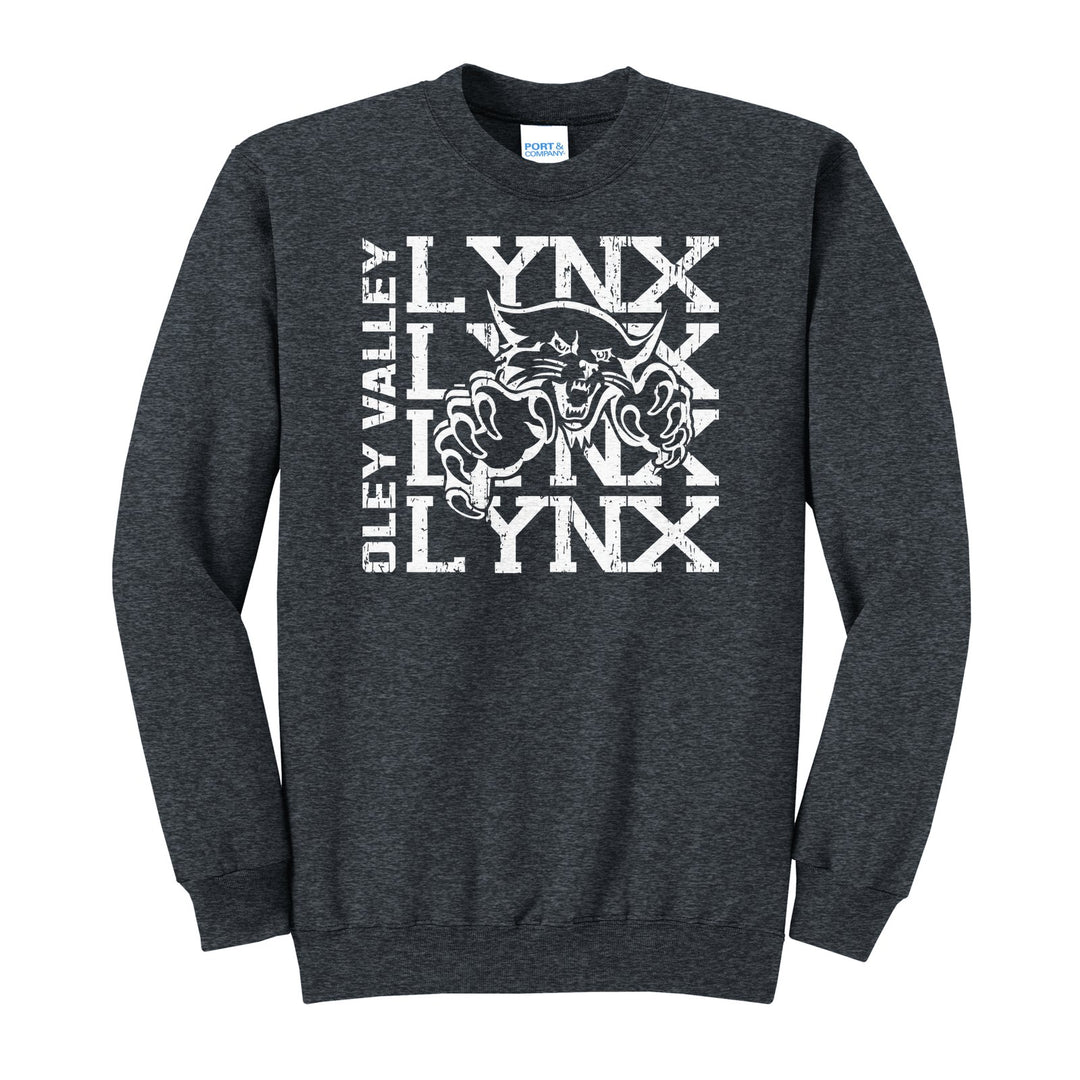 Oley Valley Lynx Stacked Mascot crewneck sweatshirt in Dark Heather Grey: LYNX stacked four times behind the lynx mascot, with OLEY VALLEY running up the side