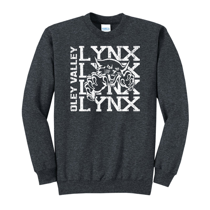 Oley Valley Lynx Stacked Mascot crewneck sweatshirt in Dark Heather Grey: LYNX stacked four times behind the lynx mascot, with OLEY VALLEY running up the side