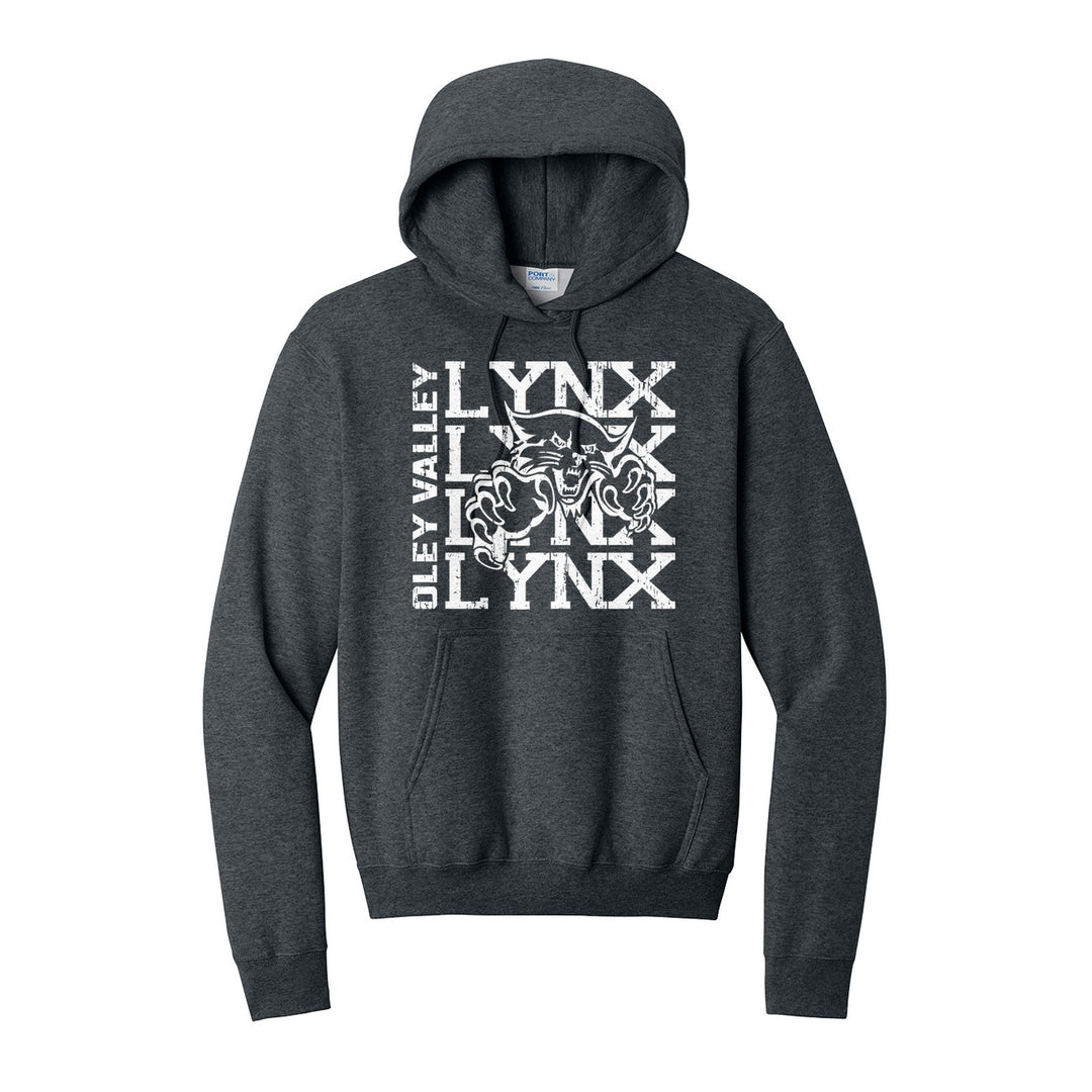 Oley Valley Lynx Stacked Mascot hoodie in Dark Heather Grey: LYNX stacked four times behind the lynx mascot, with OLEY VALLEY running up the side