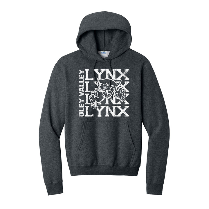 Oley Valley Lynx Stacked Mascot hoodie in Dark Heather Grey: LYNX stacked four times behind the lynx mascot, with OLEY VALLEY running up the side