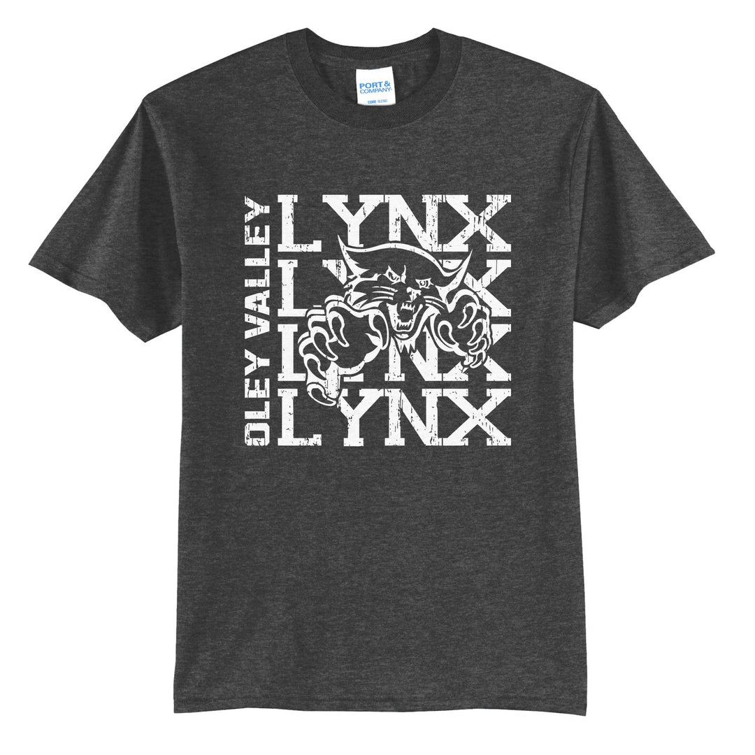 Oley Valley Lynx Stacked Mascot t-shirt in Dark Heather Grey: LYNX stacked four times behind the lynx mascot, with OLEY VALLEY running up the side