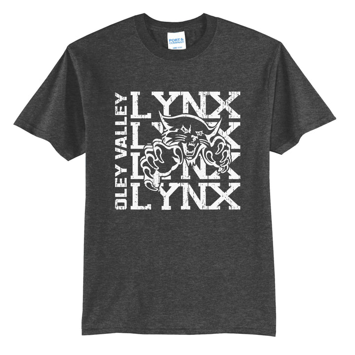 Oley Valley Lynx Stacked Mascot t-shirt in Dark Heather Grey: LYNX stacked four times behind the lynx mascot, with OLEY VALLEY running up the side