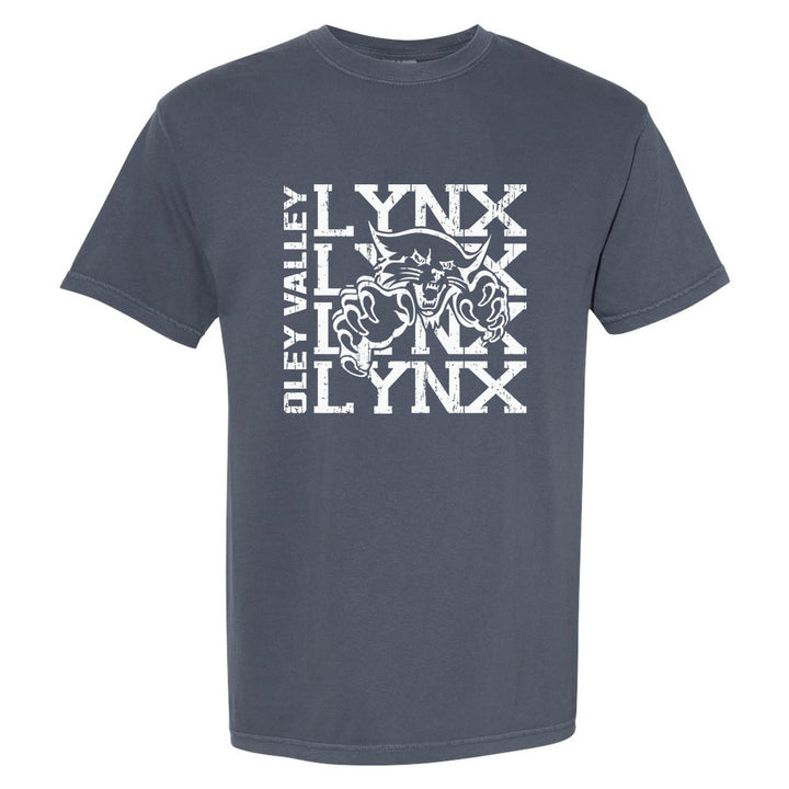 Oley Valley Lynx Stacked Mascot comfort colors t-shirt in Denim: LYNX stacked four times behind the lynx mascot, with OLEY VALLEY running up the side