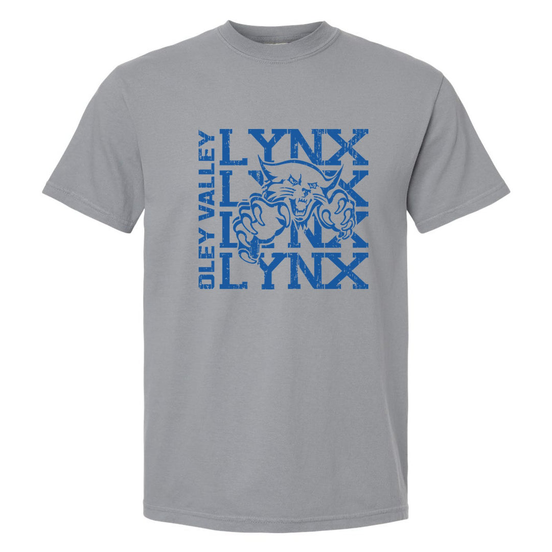 Oley Valley Lynx Stacked Mascot comfort colors t-shirt in Granite: LYNX stacked four times behind the lynx mascot, with OLEY VALLEY running up the side
