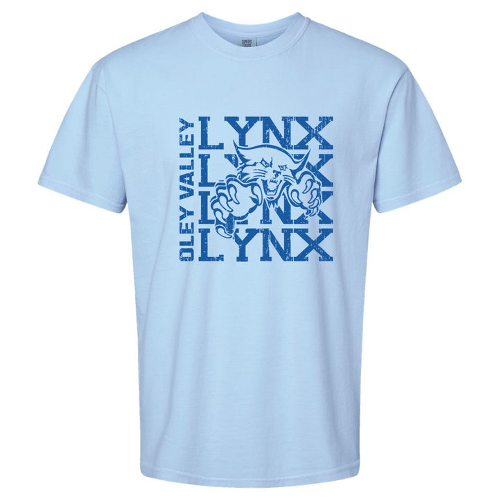 Oley Valley Lynx Stacked Mascot comfort colors t-shirt in Hydrangea: LYNX stacked four times behind the lynx mascot, with OLEY VALLEY running up the side