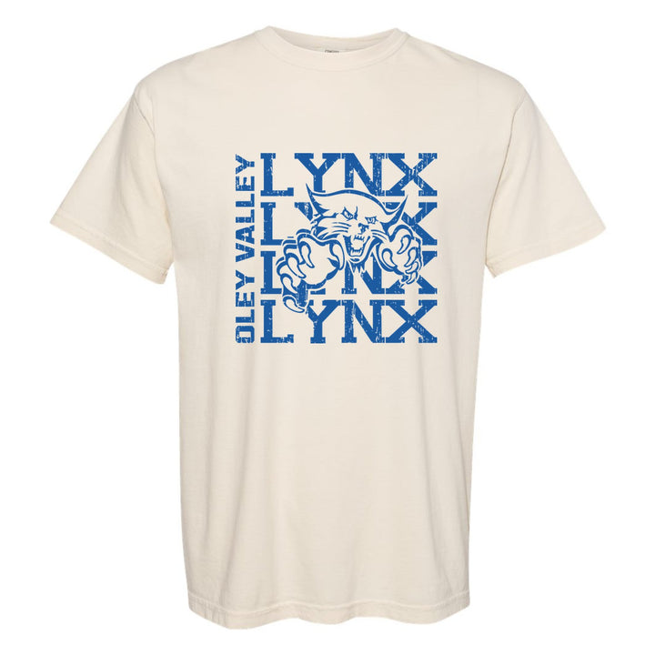 Oley Valley Lynx Stacked Mascot comfort colors t-shirt in Ivory: LYNX stacked four times behind the lynx mascot, with OLEY VALLEY running up the side