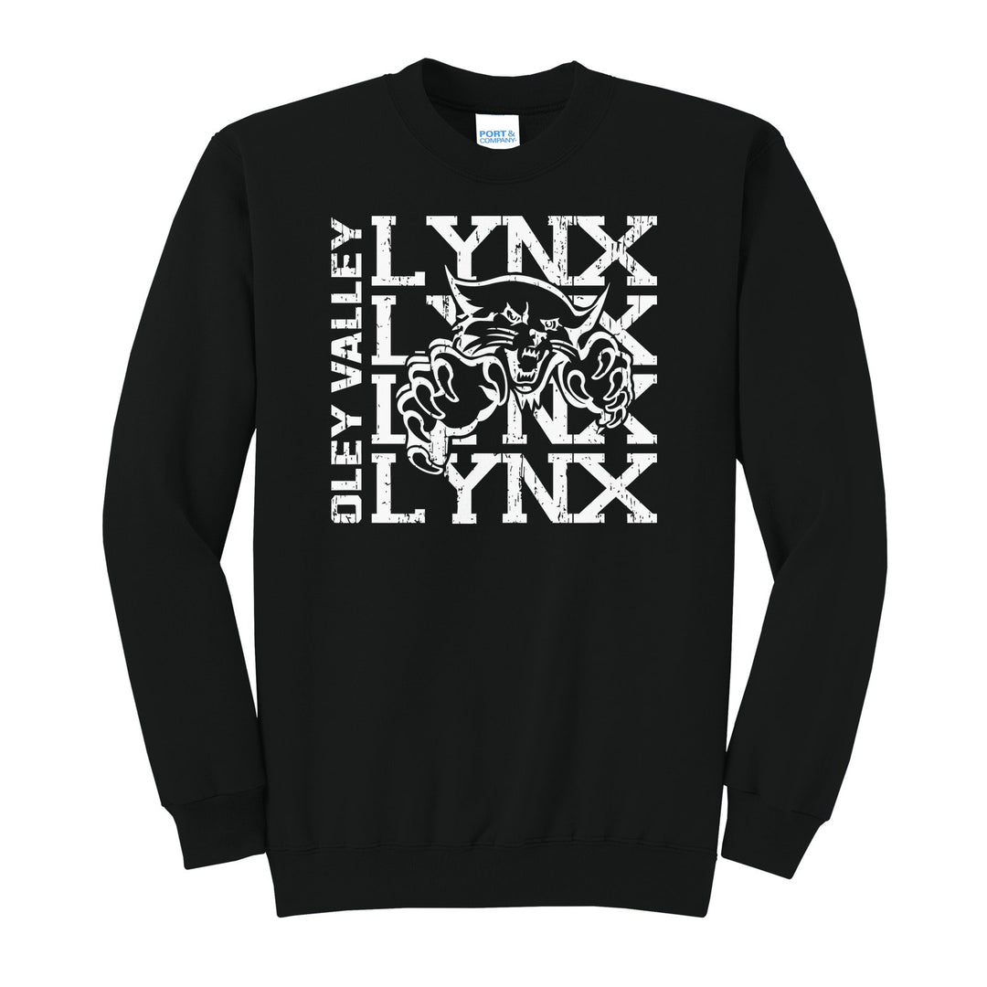 Oley Valley Lynx Stacked Mascot crewneck sweatshirt in Jet Black: LYNX stacked four times behind the lynx mascot, with OLEY VALLEY running up the side