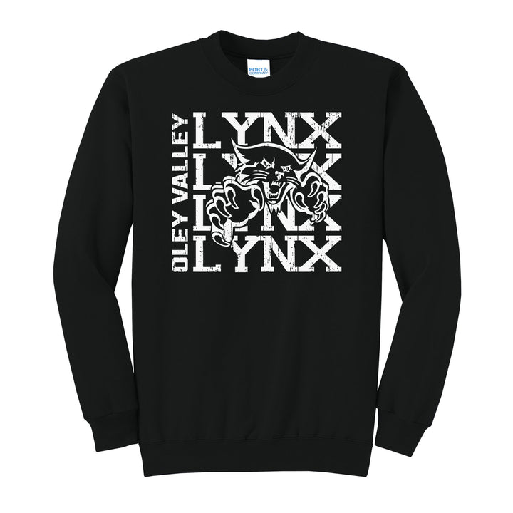 Oley Valley Lynx Stacked Mascot crewneck sweatshirt in Jet Black: LYNX stacked four times behind the lynx mascot, with OLEY VALLEY running up the side