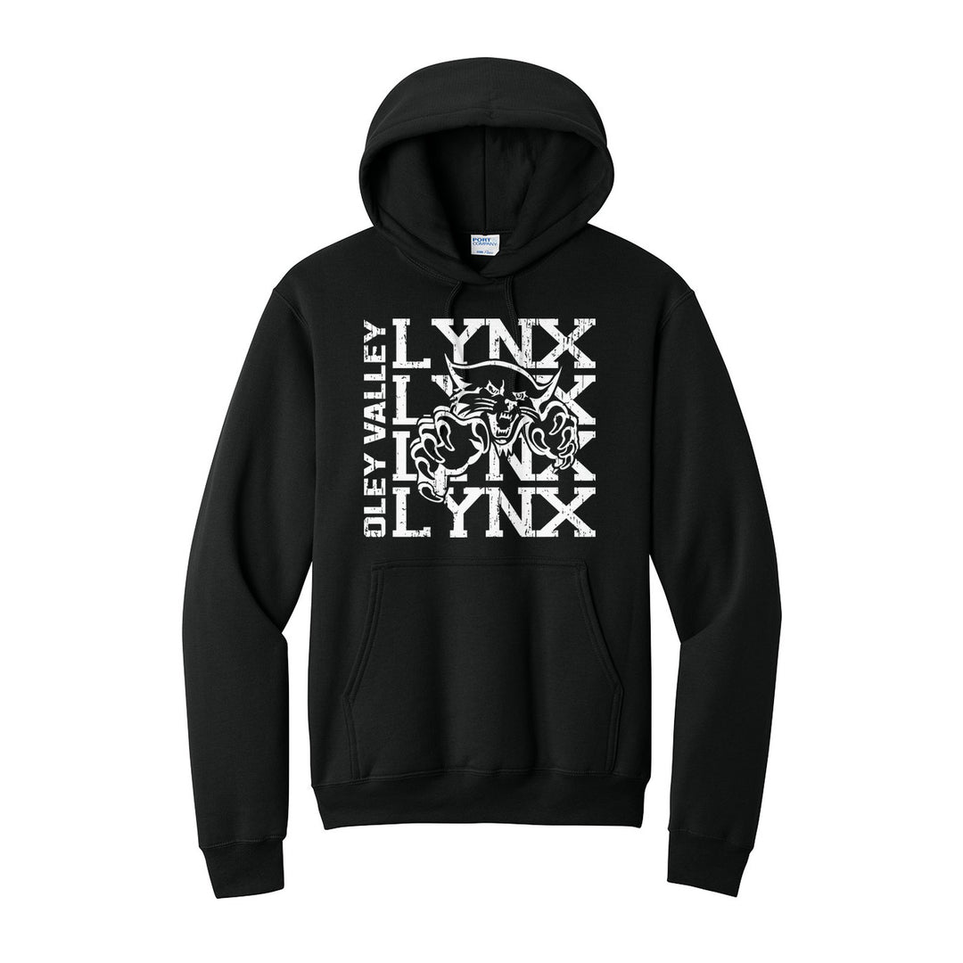 Oley Valley Lynx Stacked Mascot hoodie in Jet Black: LYNX stacked four times behind the lynx mascot, with OLEY VALLEY running up the side