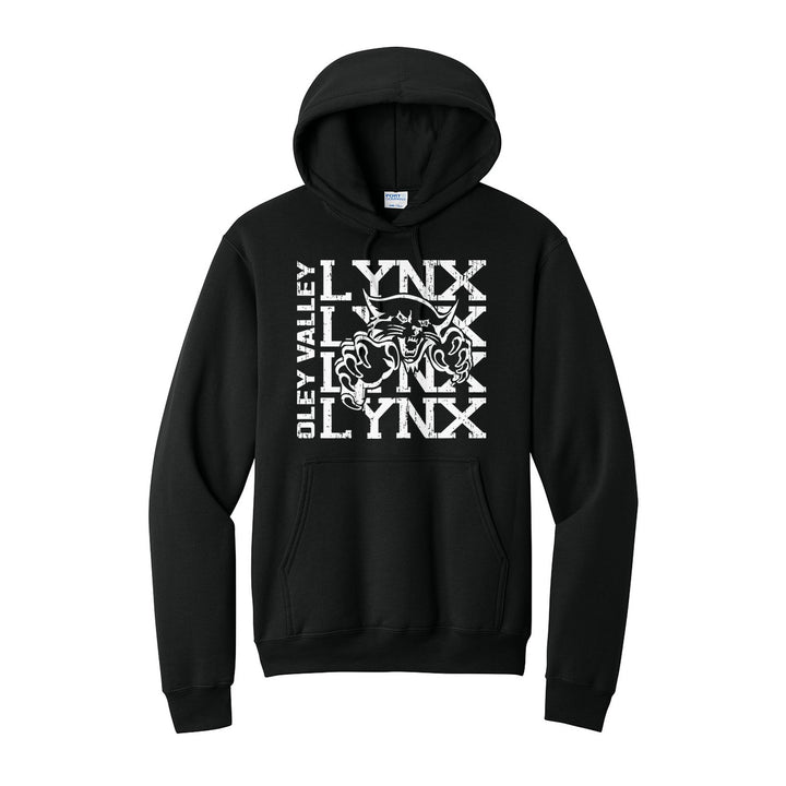 Oley Valley Lynx Stacked Mascot hoodie in Jet Black: LYNX stacked four times behind the lynx mascot, with OLEY VALLEY running up the side