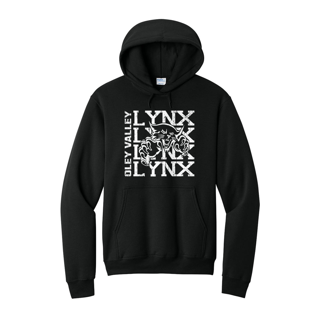 Oley Valley Lynx Stacked Mascot hoodie in Jet Black: LYNX stacked four times behind the lynx mascot, with OLEY VALLEY running up the side