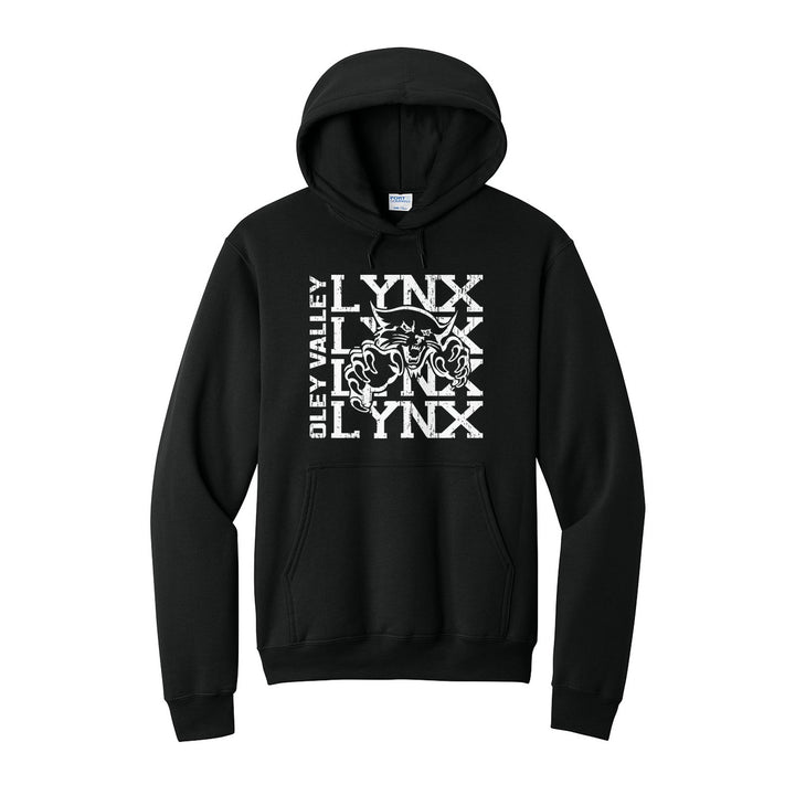 Oley Valley Lynx Stacked Mascot hoodie in Jet Black: LYNX stacked four times behind the lynx mascot, with OLEY VALLEY running up the side