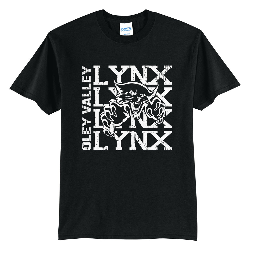 Oley Valley Lynx Stacked Mascot t-shirt in Jet Black: LYNX stacked four times behind the lynx mascot, with OLEY VALLEY running up the side