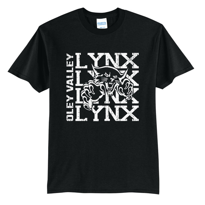 Oley Valley Lynx Stacked Mascot t-shirt in Jet Black: LYNX stacked four times behind the lynx mascot, with OLEY VALLEY running up the side