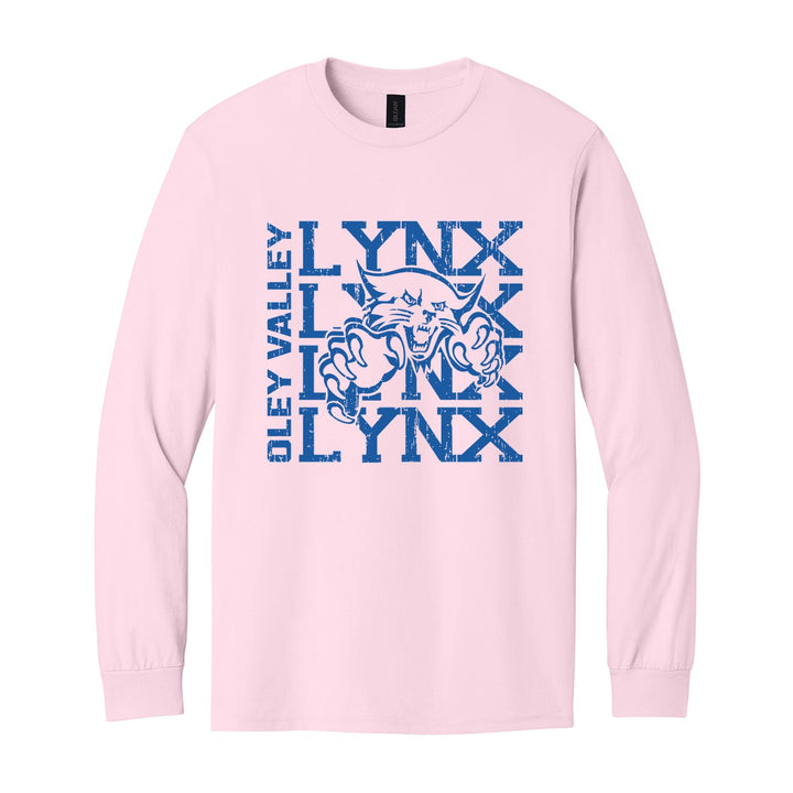 Oley Valley Lynx Stacked Mascot long sleeve t-shirt in Light Pink: LYNX stacked four times behind the lynx mascot, with OLEY VALLEY running up the side