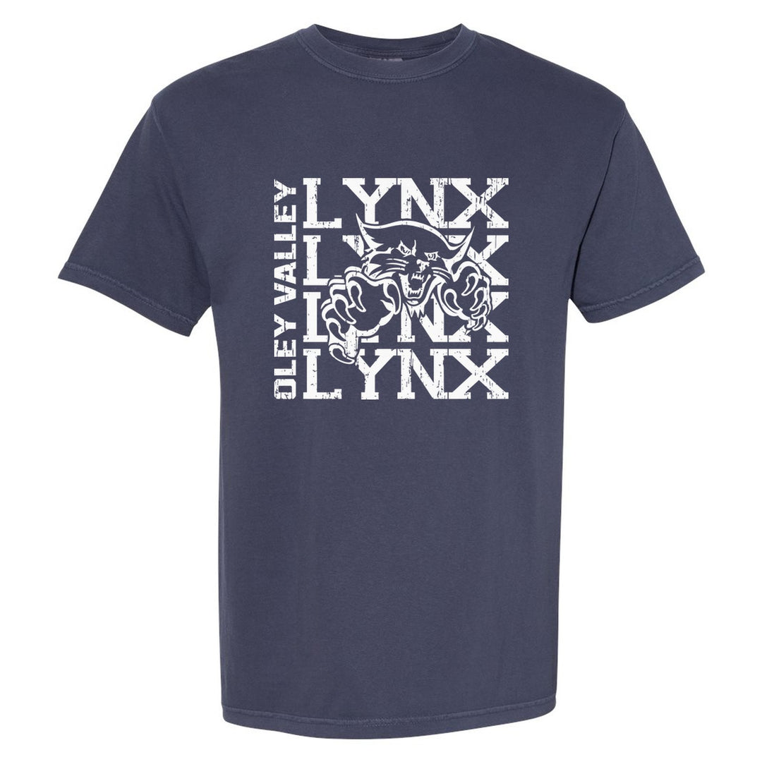 Oley Valley Lynx Stacked Mascot comfort colors t-shirt in Navy: LYNX stacked four times behind the lynx mascot, with OLEY VALLEY running up the side