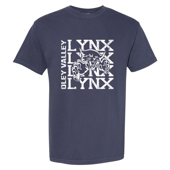 Oley Valley Lynx Stacked Mascot comfort colors t-shirt in Navy: LYNX stacked four times behind the lynx mascot, with OLEY VALLEY running up the side