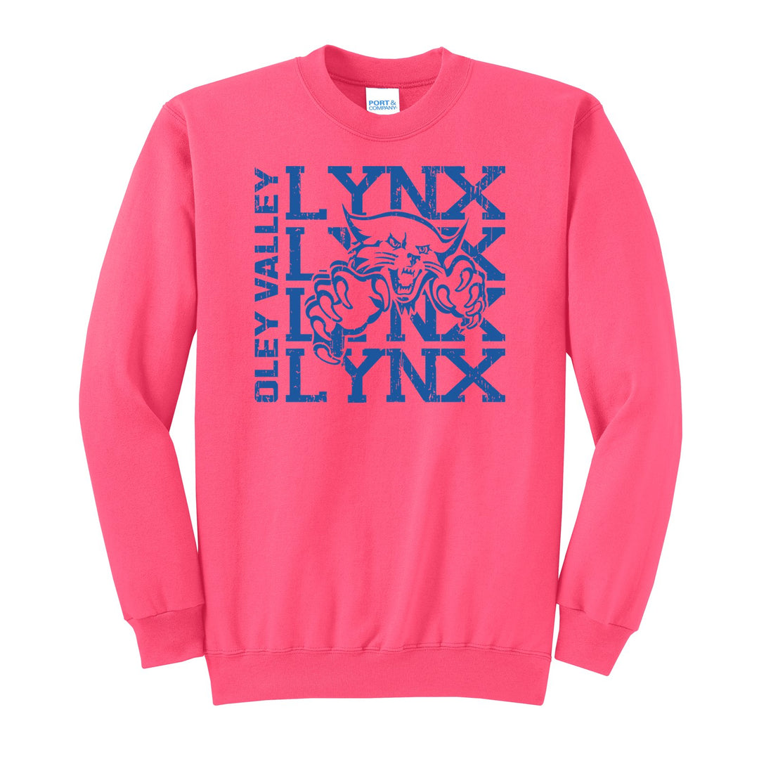 Oley Valley Lynx Stacked Mascot crewneck sweatshirt in Neon Pink: LYNX stacked four times behind the lynx mascot, with OLEY VALLEY running up the side