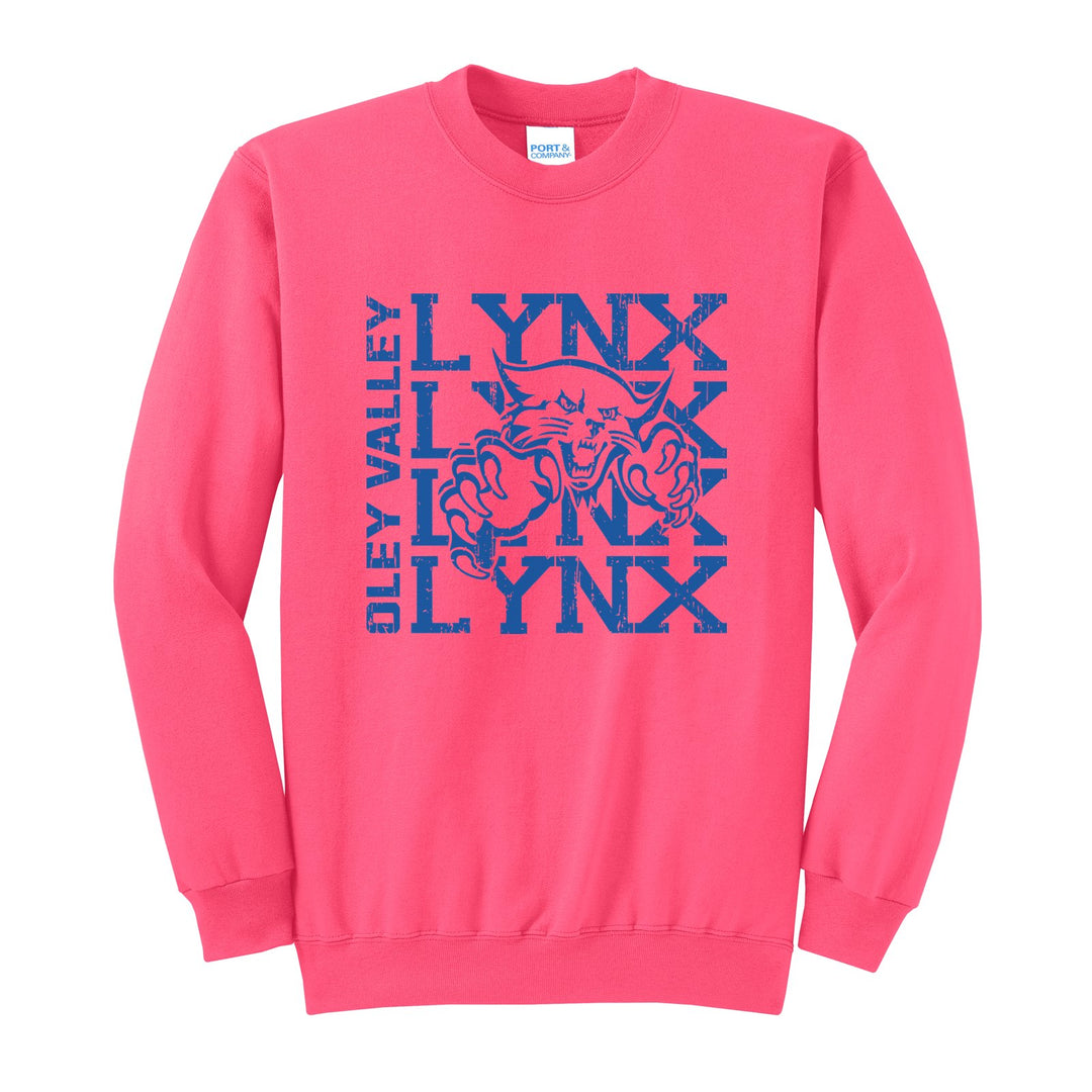 Oley Valley Lynx Stacked Mascot crewneck sweatshirt in Neon Pink: LYNX stacked four times behind the lynx mascot, with OLEY VALLEY running up the side