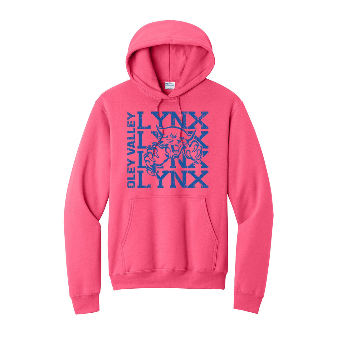 Oley Valley Lynx Stacked Mascot hoodie in Neon Pink: LYNX stacked four times behind the lynx mascot, with OLEY VALLEY running up the side