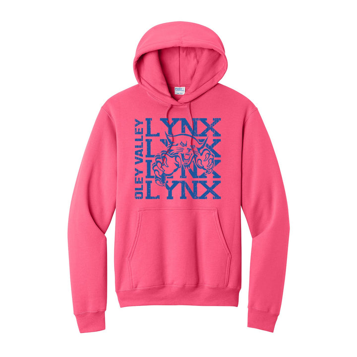 Oley Valley Lynx Stacked Mascot hoodie in Neon Pink: LYNX stacked four times behind the lynx mascot, with OLEY VALLEY running up the side