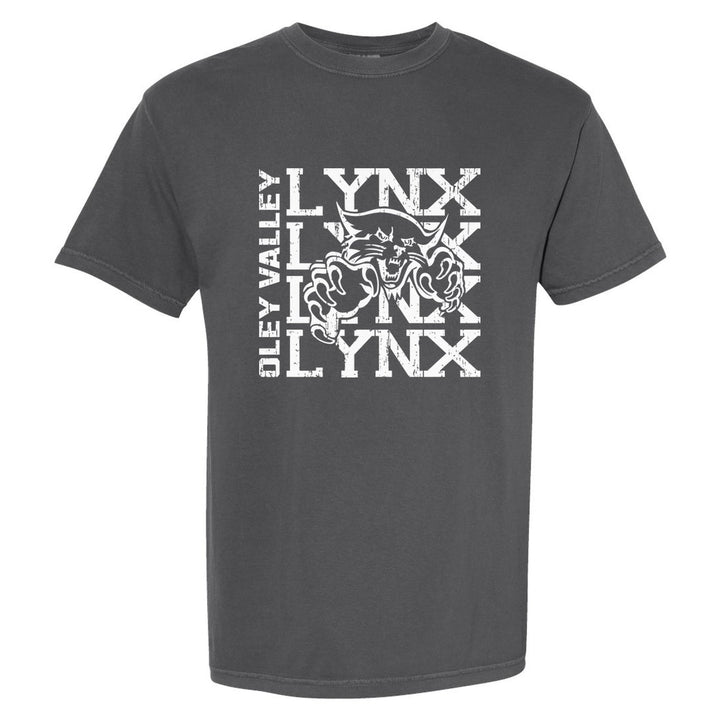 Oley Valley Lynx Stacked Mascot comfort colors t-shirt in Pepper: LYNX stacked four times behind the lynx mascot, with OLEY VALLEY running up the side
