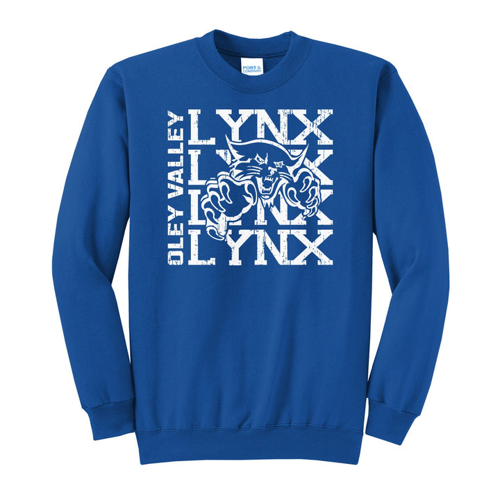 Oley Valley Lynx Stacked Mascot crewneck sweatshirt in Royal: LYNX stacked four times behind the lynx mascot, with OLEY VALLEY running up the side