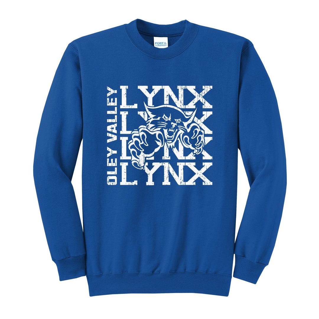 Oley Valley Lynx Stacked Mascot crewneck sweatshirt in Royal: LYNX stacked four times behind the lynx mascot, with OLEY VALLEY running up the side