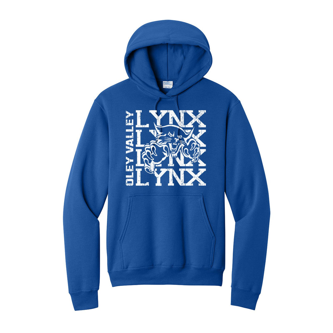 Oley Valley Lynx Stacked Mascot hoodie in Royal: LYNX stacked four times behind the lynx mascot, with OLEY VALLEY running up the side