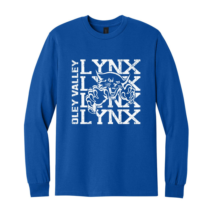 Oley Valley Lynx Stacked Mascot long sleeve t-shirt in Royal: LYNX stacked four times behind the lynx mascot, with OLEY VALLEY running up the side