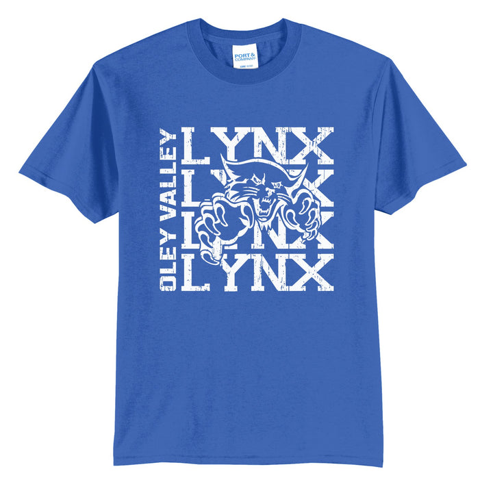 Oley Valley Lynx Stacked Mascot t-shirt in Royal: LYNX stacked four times behind the lynx mascot, with OLEY VALLEY running up the side