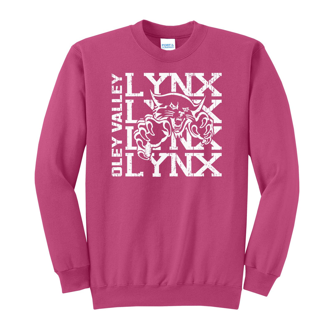Oley Valley Lynx Stacked Mascot crewneck sweatshirt in Sangria: LYNX stacked four times behind the lynx mascot, with OLEY VALLEY running up the side
