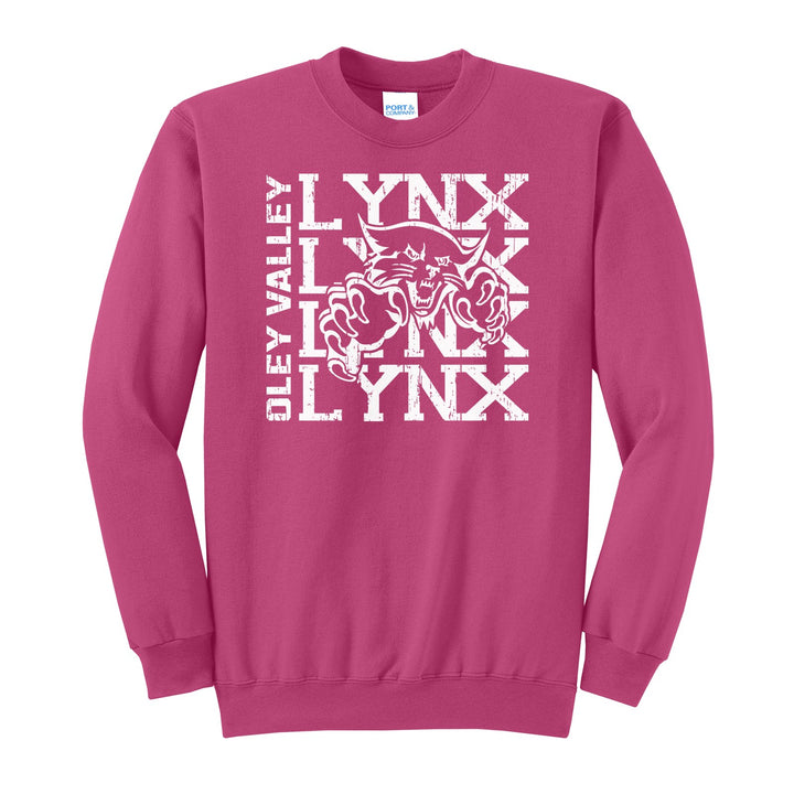Oley Valley Lynx Stacked Mascot crewneck sweatshirt in Sangria: LYNX stacked four times behind the lynx mascot, with OLEY VALLEY running up the side